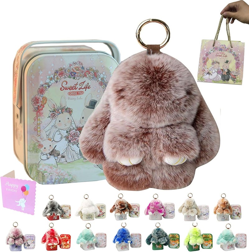 MINGRI Soft Bunny Keychain with Tin,Cute Valentines Gift Plush Keychain for Backpack,Bag Charm Gift Key Chain - Image 1